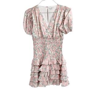 MABLE Pink Floral Smocked Waist Puffed Sleeve Ruffled Tiered Mini Dress Size M